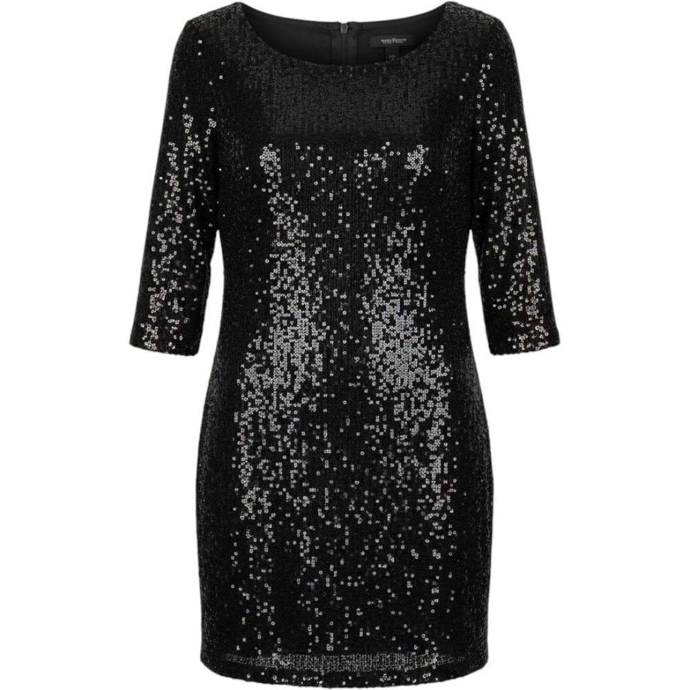 White House Black Market Womens XS Black Sequin Shift Dress 3/4 Sleeve Party